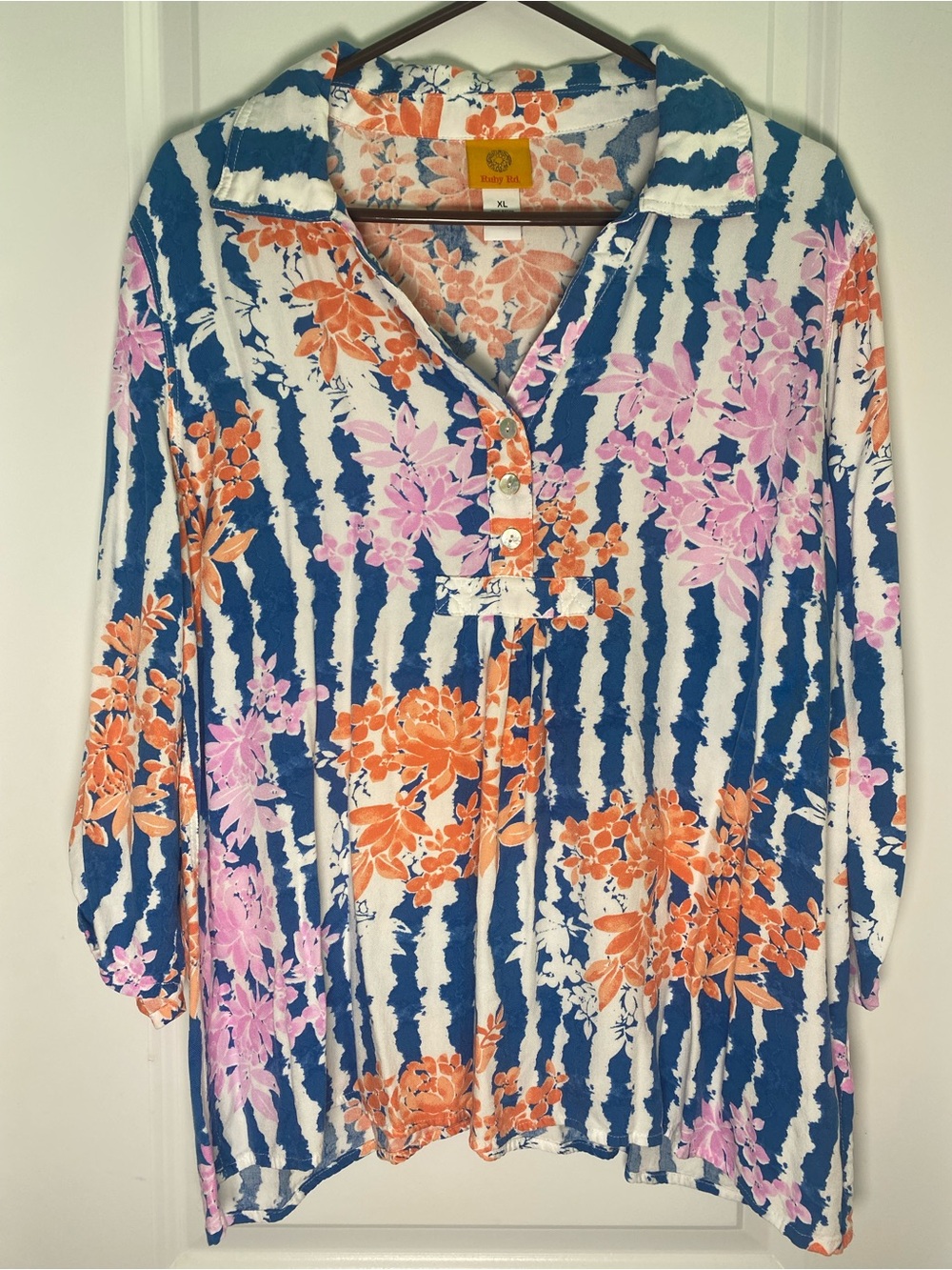 Ruby Red Relaxed Floral Stripe Button-Front Women's Top - Multicolor